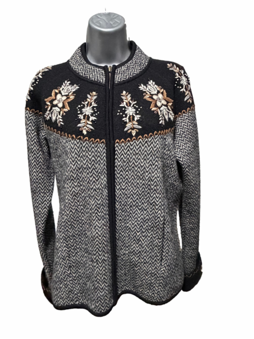 Icelandic Design Boiled Wool Cardigan L Black Beaded Floral Embroidered Zip